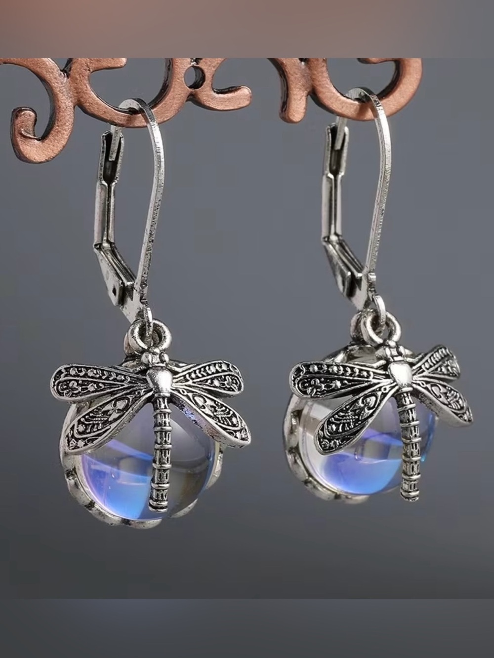 New! Silver Dragonfly Dangle Earrings with Blue Iridescent Crystal. A9-309
